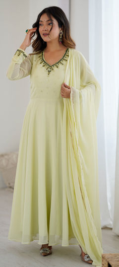 Beige and Brown color Salwar Kameez in Faux Georgette fabric with Bugle Beads, Cut Dana work