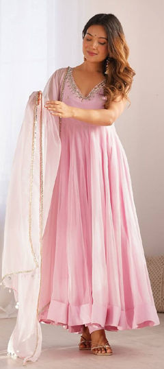 Pink and Majenta color Salwar Kameez in Faux Georgette fabric with Sequence, Thread work