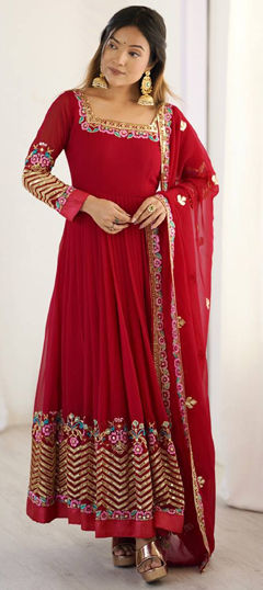 Red and Maroon color Salwar Kameez in Georgette fabric with Embroidered, Sequence, Thread work