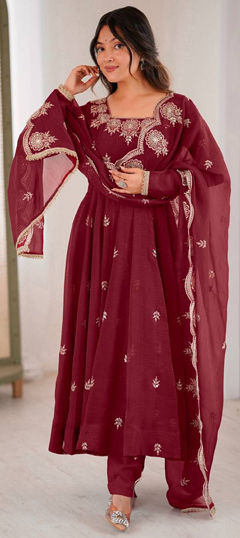 Red and Maroon color Salwar Kameez in Crushed Silk fabric with Embroidered, Sequence, Thread work