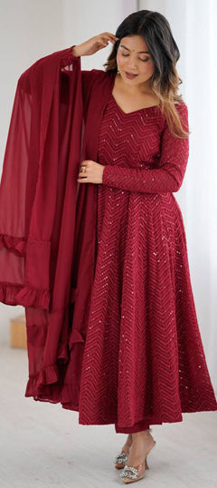 Red and Maroon color Salwar Kameez in Faux Georgette fabric with Embroidered, Sequence work