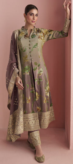 Beige and Brown color Salwar Kameez in Silk fabric with Embroidered, Floral, Printed, Sequence, Thread work