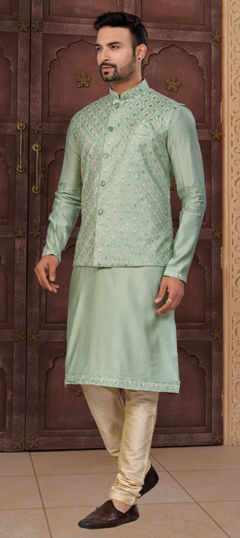 Green color Kurta Pyjama with Jacket in Silk fabric with Embroidered, Sequence work