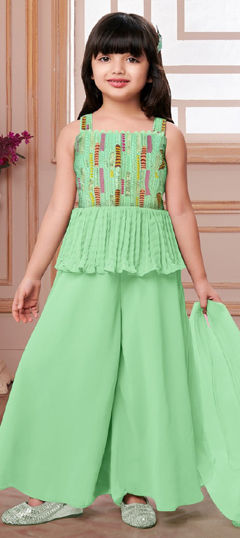 Green color Kids Salwar in Crepe Silk fabric with Embroidered, Sequence work