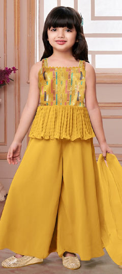 Yellow color Kids Salwar in Crepe Silk fabric with Embroidered, Sequence work
