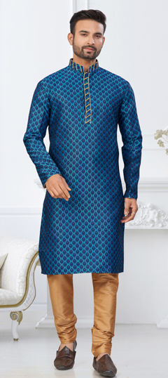 Blue color Kurta Pyjamas in Banarasi Silk, Jacquard fabric with Thread work