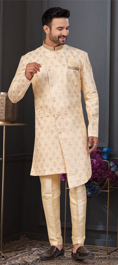 Beige and Brown color IndoWestern Dress in Jacquard fabric with Embroidered, Stone, Thread work