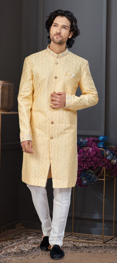 Yellow color IndoWestern Dress in Silk fabric with Embroidered, Stone, Thread work