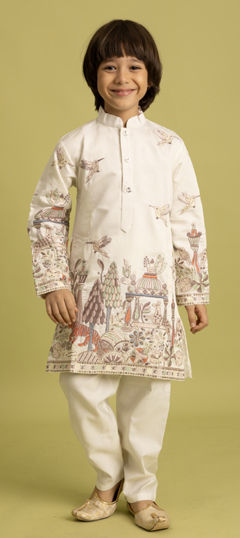White and Off White color Boys Kurta Pyjama in Viscose fabric with Embroidered, Sequence work