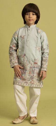 Green color Boys Kurta Pyjama in Viscose fabric with Embroidered, Sequence work
