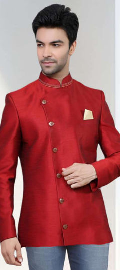 Red and Maroon color Kurta in Dupion Silk fabric with Embroidered work