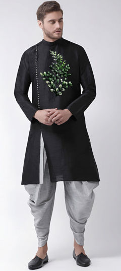 Black and Grey color Dhoti Kurta in Dupion Silk fabric with Embroidered work