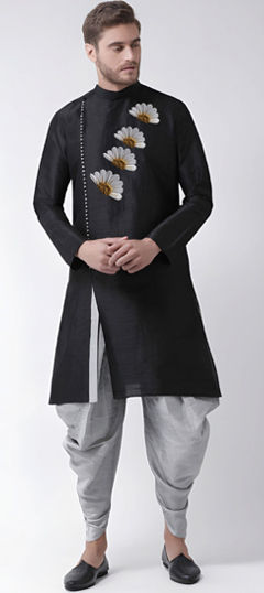 Black and Grey color Dhoti Kurta in Dupion Silk fabric with Embroidered work