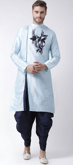 Blue color Dhoti Kurta in Dupion Silk fabric with Embroidered work