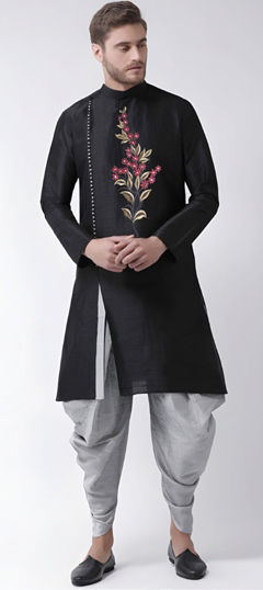 Black and Grey color Dhoti Kurta in Dupion Silk fabric with Embroidered work