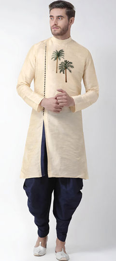 Gold color Dhoti Kurta in Dupion Silk fabric with Embroidered work