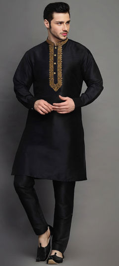 Black and Grey color Kurta Pyjamas in Dupion Silk fabric with Embroidered work