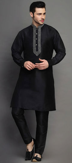 Black and Grey color Kurta Pyjamas in Dupion Silk fabric with Embroidered work
