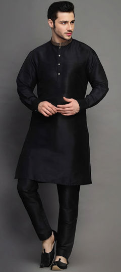 Black and Grey color Kurta Pyjamas in Dupion Silk fabric with Embroidered work