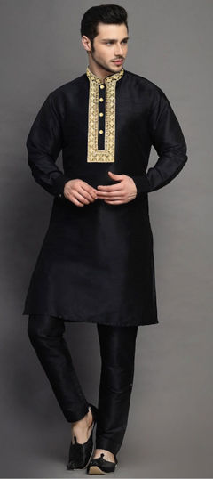 Black and Grey color Kurta Pyjamas in Dupion Silk fabric with Embroidered work