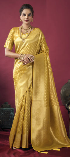 Yellow color Saree in Tissue fabric with Weaving work