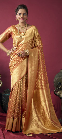 Beige and Brown color Saree in Tissue fabric with Weaving work