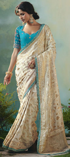 White and Off White color Saree in Dolla Silk fabric with Sequence, Weaving, Zari work
