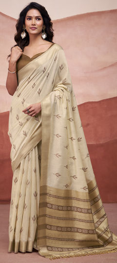 Beige and Brown color Saree in Cotton fabric with Weaving work
