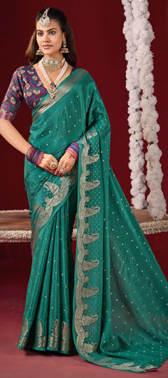 Green color Saree in Chiffon fabric with Weaving, Zari work