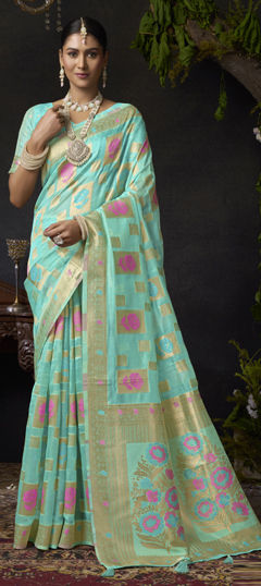 Blue color Saree in Organza Silk fabric with Weaving, Zari work