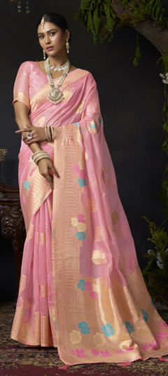 Pink and Majenta color Saree in Organza Silk fabric with Weaving, Zari work