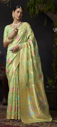 Green color Saree in Organza Silk fabric with Weaving, Zari work