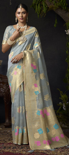 Black and Grey color Saree in Organza Silk fabric with Weaving, Zari work