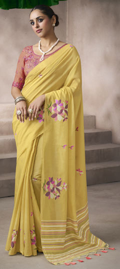 Yellow color Saree in Cotton, Viscose fabric with Embroidered, Weaving work