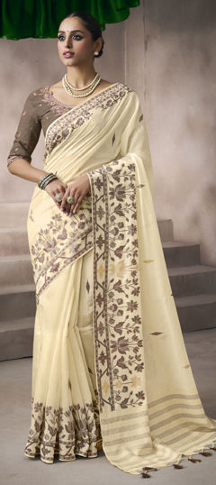Beige and Brown color Saree in Cotton, Viscose fabric with Embroidered, Weaving work