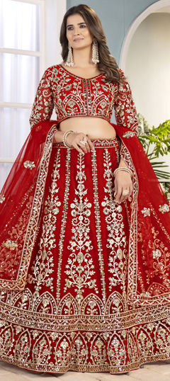 Red and Maroon color Lehenga in Net fabric with Embroidered, Sequence work