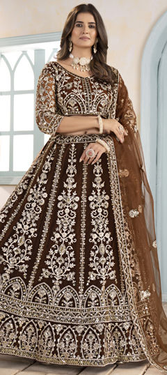 Beige and Brown color Lehenga in Net fabric with Embroidered, Sequence work