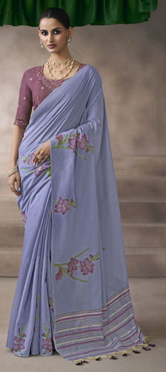 Black and Grey color Saree in Cotton, Viscose fabric with Embroidered, Weaving work