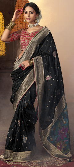 Black and Grey color Saree in Silk fabric with Embroidered, Weaving work