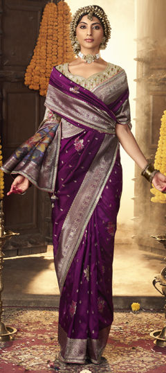 Purple and Violet color Saree in Silk fabric with Embroidered, Weaving work
