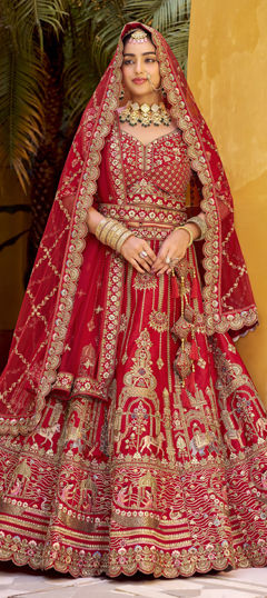 Red and Maroon color Ready to Wear Lehenga in Silk fabric with Border, Embroidered, Mirror, Resham, Stone, Zari, Zircon work