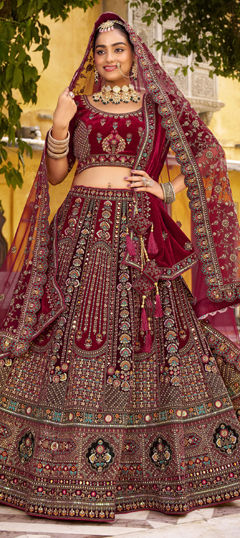 Red and Maroon color Ready to Wear Lehenga in Velvet fabric with Border, Embroidered, Mirror, Resham, Stone, Zari, Zircon work