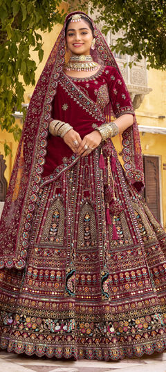 Red and Maroon color Ready to Wear Lehenga in Velvet fabric with Border, Embroidered, Mirror, Resham, Stone, Zari, Zircon work