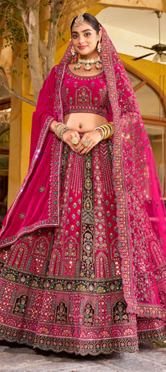 Pink and Majenta color Ready to Wear Lehenga in Velvet fabric with Border, Embroidered, Mirror, Resham, Stone, Zari, Zircon work