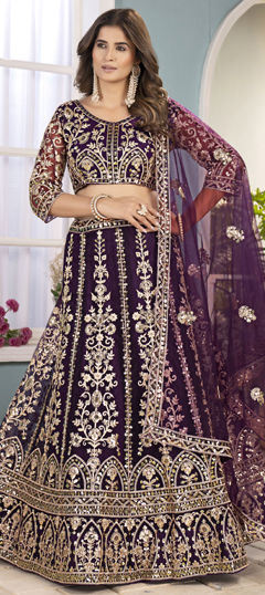 Purple and Violet color Lehenga in Net fabric with Embroidered, Sequence work
