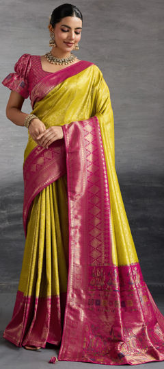 Yellow color Saree in Kanjeevaram Silk fabric with Weaving, Zari work