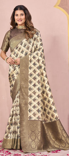 Green color Saree in Tussar Silk fabric with Digital Print, Weaving work