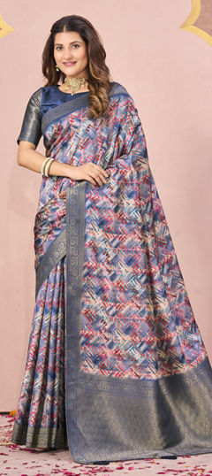Blue color Saree in Tussar Silk fabric with Digital Print, Weaving work