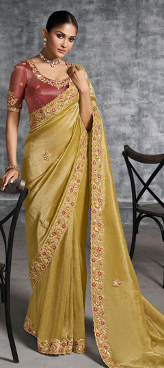 Yellow color Saree in Tissue fabric with Border, Embroidered, Mirror, Resham, Sequence, Stone, Thread, Zari work