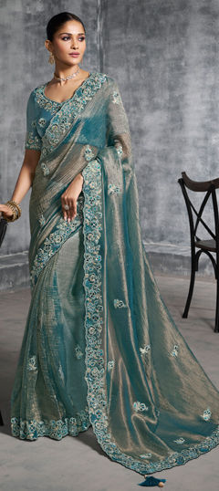 Blue color Saree in Tissue fabric with Border, Embroidered, Mirror, Resham, Sequence, Stone, Thread, Zari work